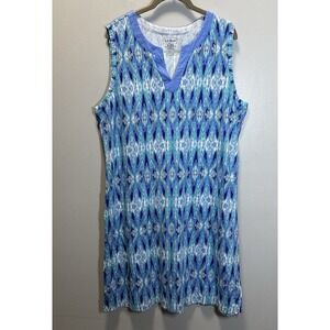 L.L. Bean Dress Women's SZ XL Blue Multi V Neck Sleeveless Lightweight Cotton